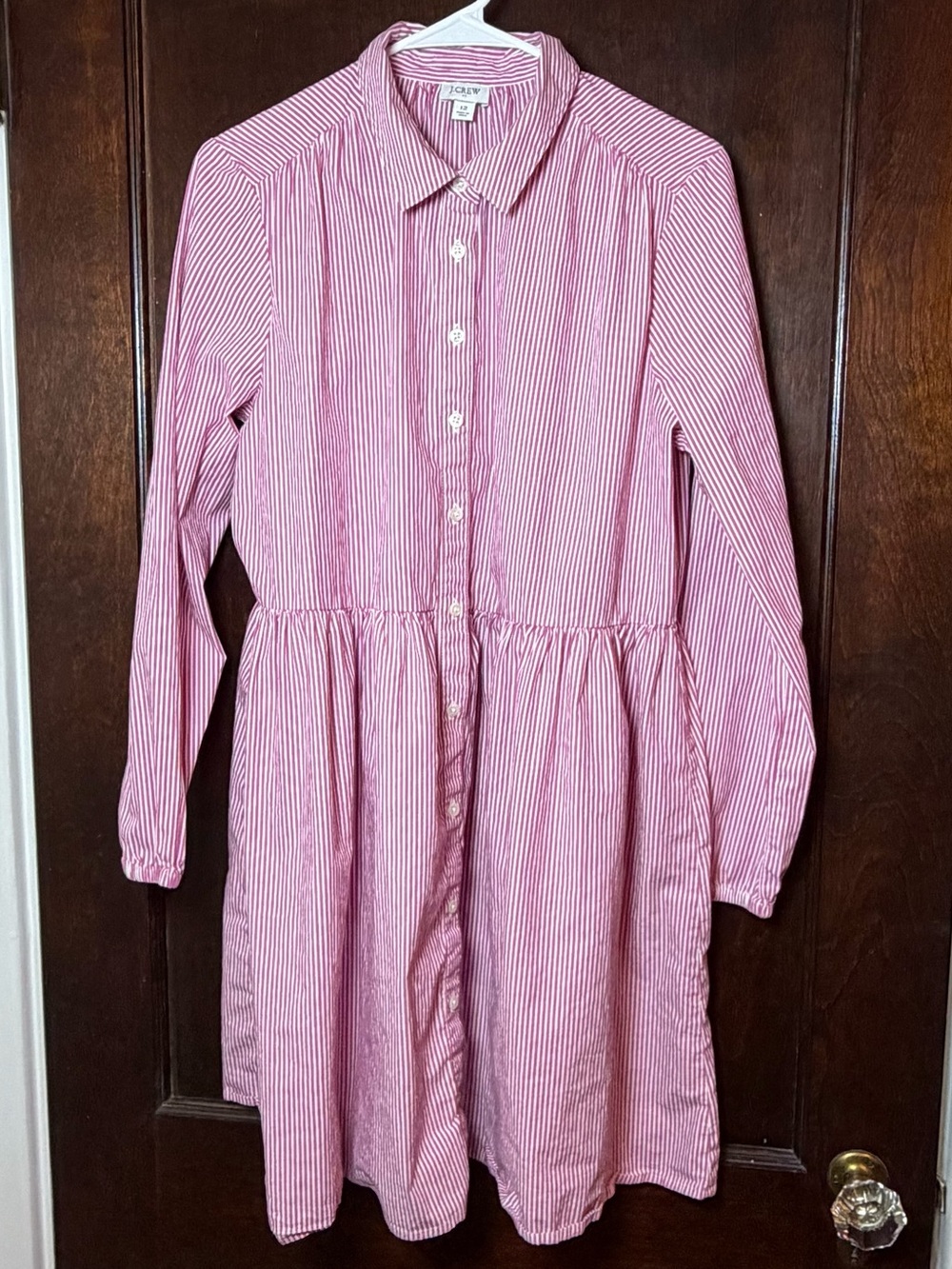 J. Crew Dress Size 12 Pink White Stripe Cotton Shirt Dress Collar Gathered Waist